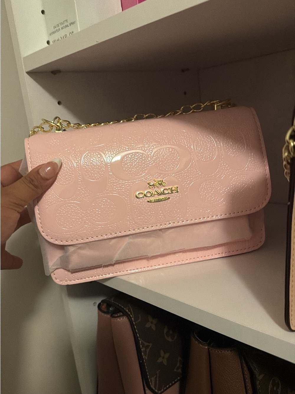 Coach Pink Patent Signature Chain Crossbody Bag